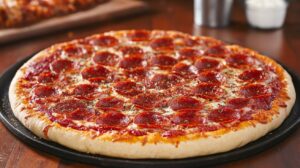 Homemade pepperoni pizza with a golden crust and melted cheese