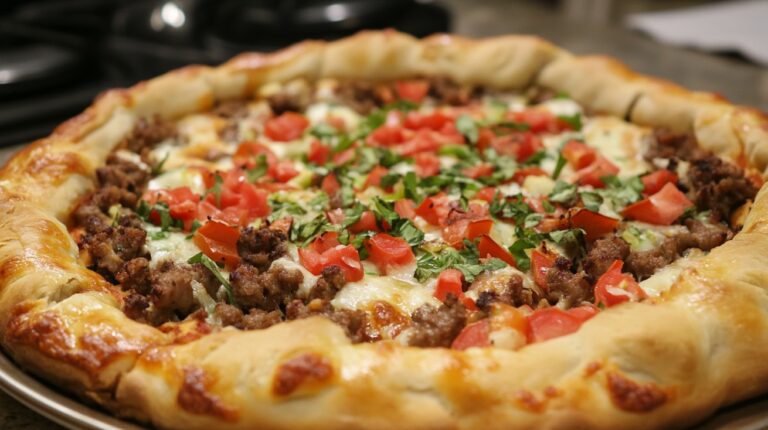 Close-up of a stuffed crust pizza topped with sausage, diced tomatoes, and chopped basil