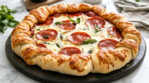 Freshly baked pepperoni pizza with stuffed, twisted cheese crust on a wooden board