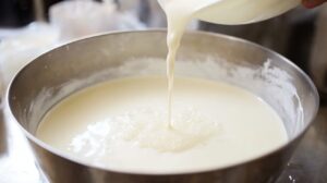 Yeast mixture being poured into a bowl of pizza dough batter