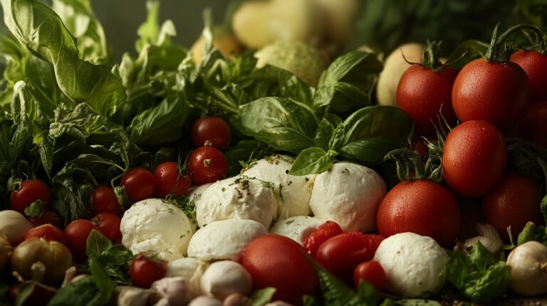 Fresh mozzarella balls, cherry tomatoes, basil leaves, and garlic arranged together in a vibrant, rustic display
