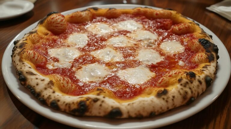 Close-up of a cooked Jack’s cheese pizza with melted cheese and browned crust on a white plate