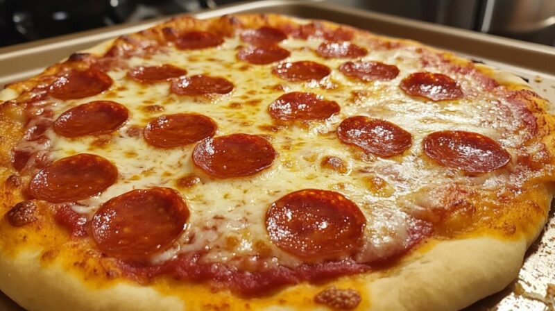 A freshly baked pepperoni pizza with melted cheese and golden crust on a baking tray