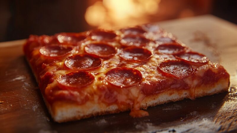 Close-up of a rectangular slice of deep dish pepperoni pizza with melted cheese and crispy crust