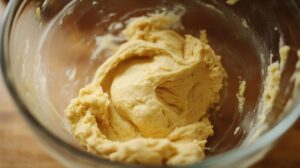 Close-up of homemade pizza dough in a glass bowl, ready to rise