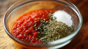 Bowl of tomato sauce with dried herbs and salt on a wooden surface, ready to be mixed