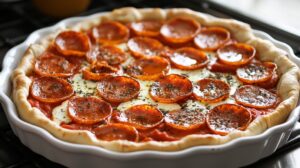 Unbaked pepperoni pizza with mozzarella and tomato sauce in a round baking dish