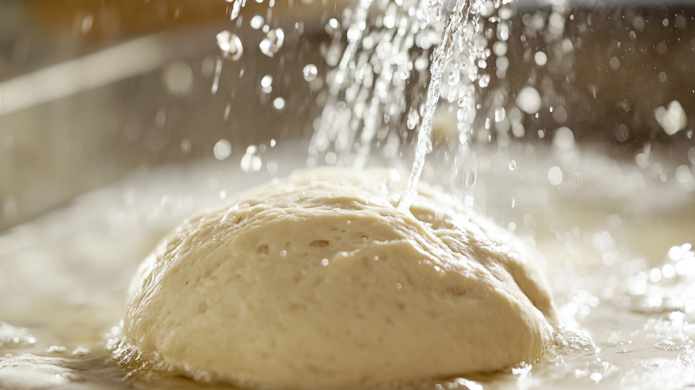 Water Being Poured Over Pizza Dough to Highlight the Importance of Water Quality in Dough Preparation