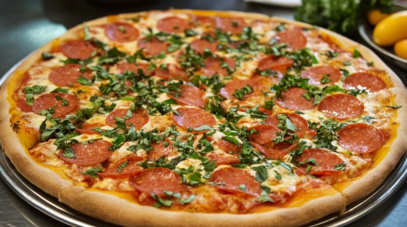 A large pepperoni pizza topped with melted cheese and generous amounts of chopped green herbs on a metal tray