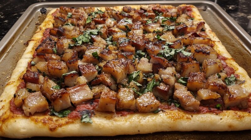 Close-up of a rectangular pizza topped with seared cubes of chashu pork belly and garnished with chopped green herbs