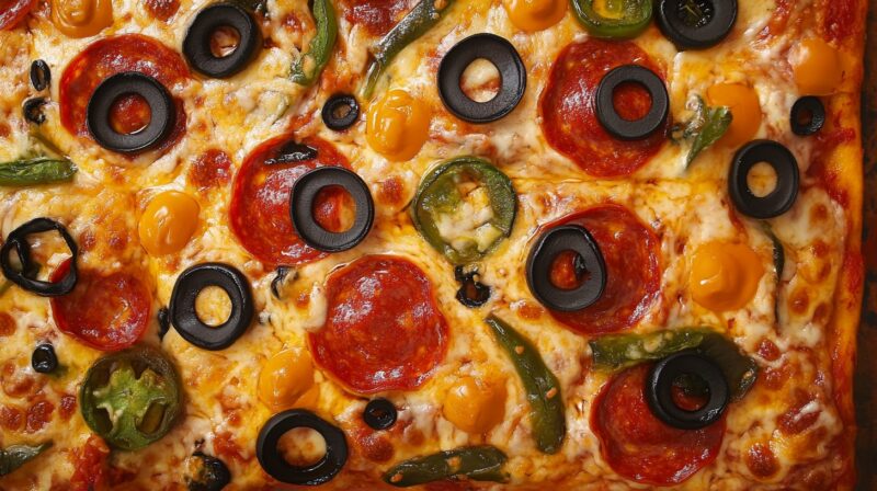 Close-up of a Detroit-style pizza with pepperoni, sliced black olives, jalapeños, and yellow cherry peppers