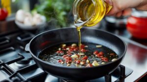 Olive oil being poured into a skillet with chopped tomatoes and garlic on a stove