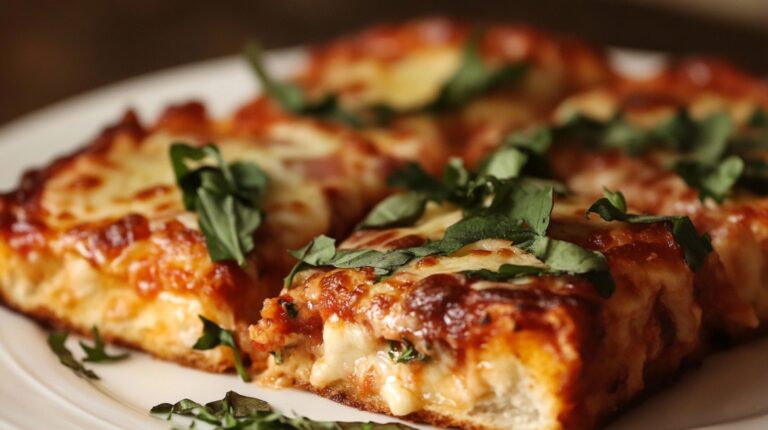 Close-up of Detroit-style pizza slices on a plate, topped with fresh basil leaves
