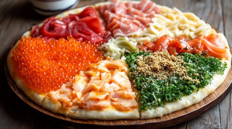 A round pizza divided into slices, each topped with unique Japanese ingredients such as raw fish, roe, seaweed, and garnishes, arranged on a wooden serving board