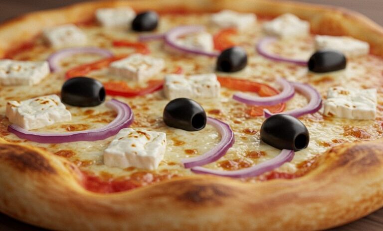 A close-up view of a pizza topped with olives