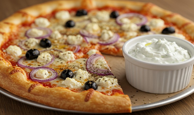 A close-up view of tzatziki dip and a pizza topped with olives, red onion, and feta cheese