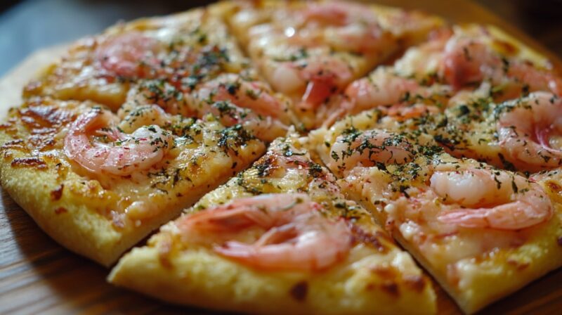 Close-up of pizza slices topped with small pink shrimp (sakura ebi), melted cheese, and sprinkled herbs