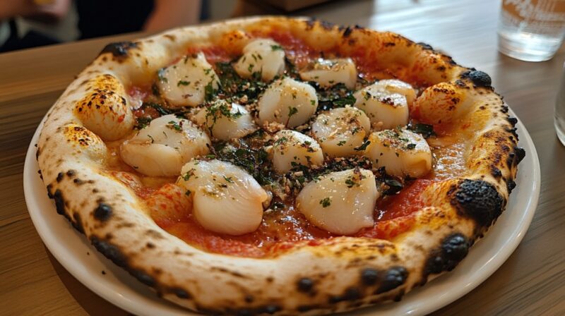 Close-up of a pizza topped with plump white pieces of shirako (cod milt) garnished with herbs on a tomato-based crust