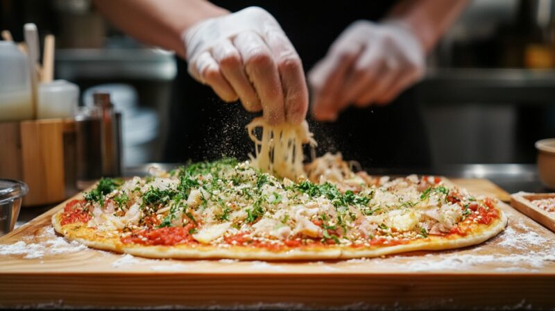 Close-up of gloved hands sprinkling cheese over a Japanese-style pizza with herbs, seafood, sesame seeds, and tomato sauce on a wooden prep surface