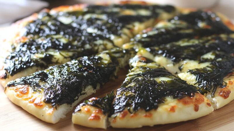 Close-up of a sliced pizza topped with a thick layer of dark, glossy tsukudani kombu (soy-simmered seaweed).
