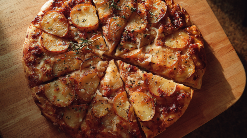 Sliced potato pizza with herbs and melted cheese, cut into wedges and served on a wooden board