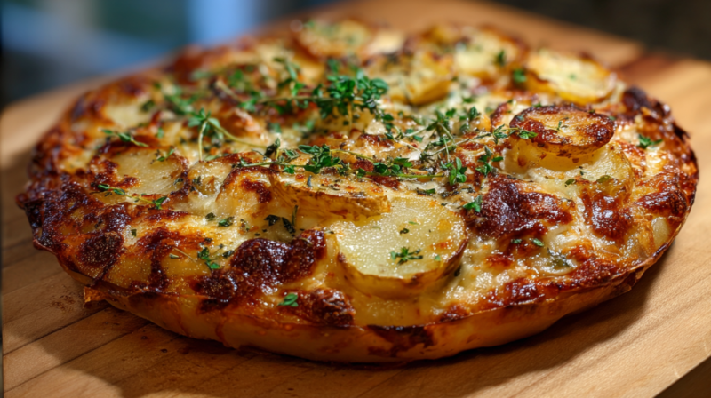Golden potato slices sit atop a crisp, cheesy pizza crust, finished with fresh herbs and a glossy drizzle of olive oil