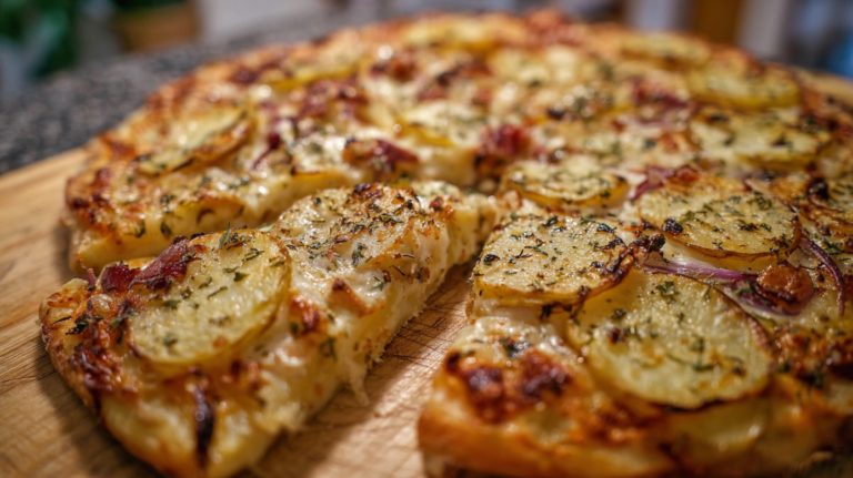 Close-up of a golden potato pizza slice being pulled from a cheesy, herb-covered pie on a wooden board