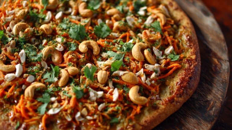 Healthy pizza toppings with cashews, carrots, and fresh herbs on a golden crust