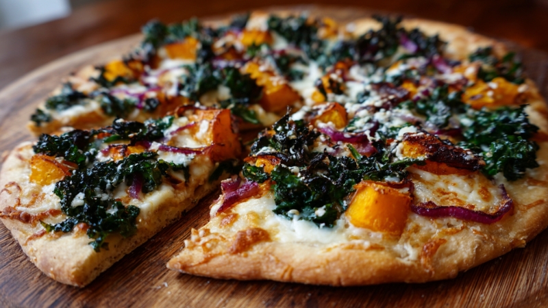 Butternut squash and kale pizza topped with caramelized onions and melted cheese on a crisp golden crust