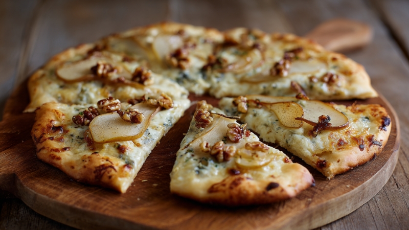 Pizza topped with pear slices, gorgonzola cheese, and crunchy walnuts on a golden crust