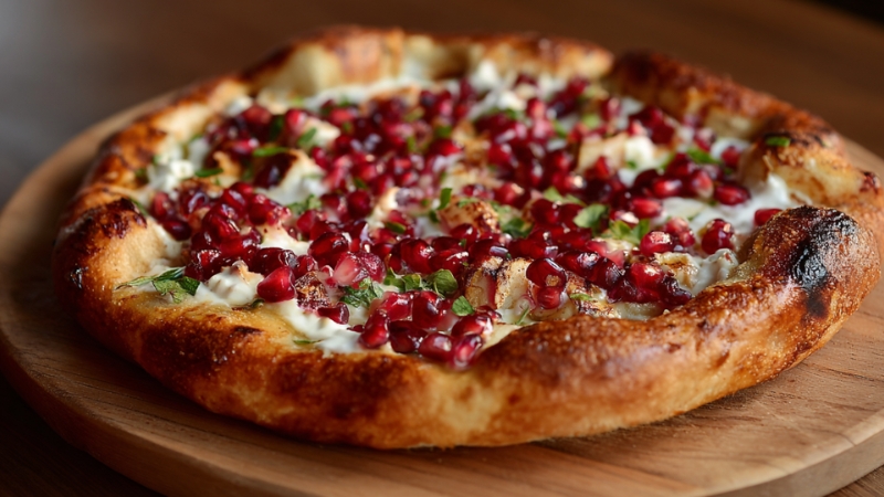 Pizza topped with creamy labneh and fresh pomegranate seeds on a golden crust