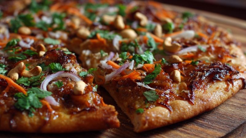 Pizza topped with cashews, shredded carrots, red onions, fresh cilantro, and a savory sauce on a crisp crust