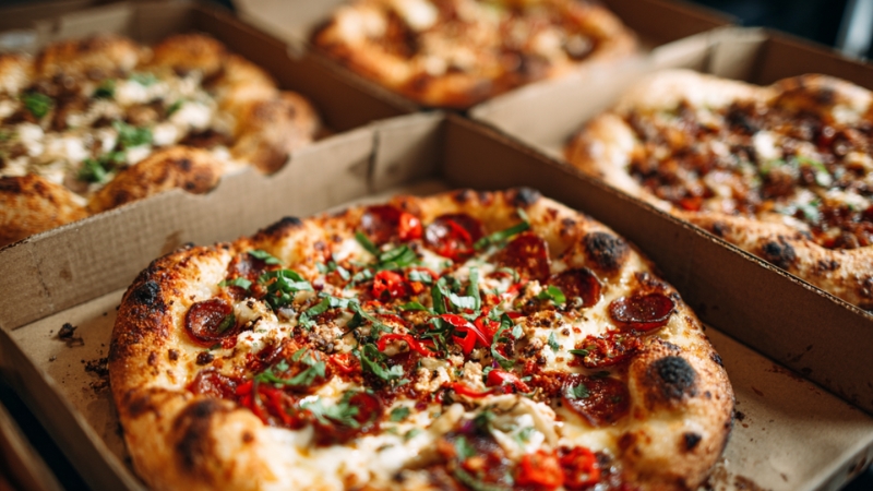 Fresh pizzas in boxes show the need to avoid mistakes with free sampling at a new pizzeria