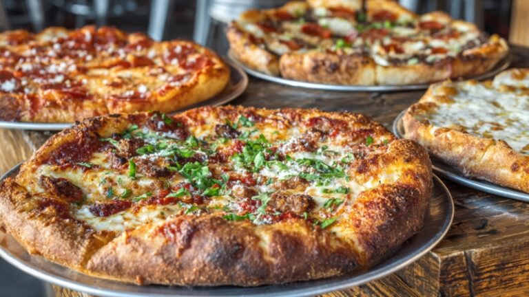 Freshly baked pizzas on metal trays highlight how free samples and specials can draw locals to a new pizzeria