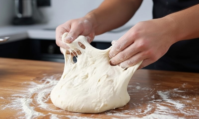 A person kneads dough on a wooden table