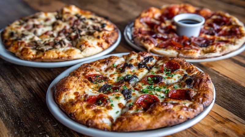 Plates of hot pizzas with different toppings show how specials can make a new pizzeria a favorite spot for locals