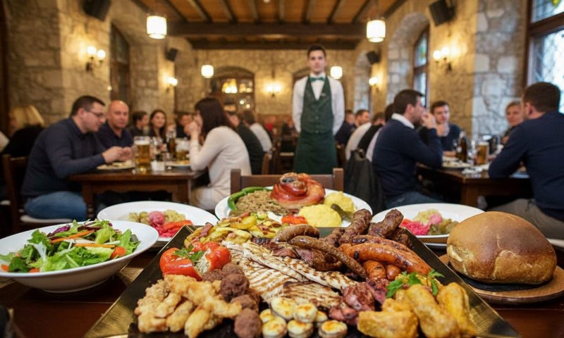A waiter stands in a rustic restaurant with stone walls. The foreground shows a platter of grilled meats and vegetables, surrounded by diners enjoying meals